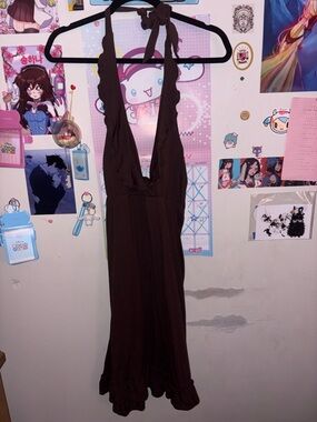 Brown Halter One-Piece Dress for Kids - Sleeveless Ruffle Hem